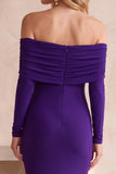 Off the Shoulder Dark Blue Mermaid Ruched Long Sleeves Long Wedding Guest Dress