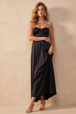 Black A-Line Satin Ruched Strapless Long Wedding Guest Dress
