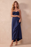 Black A-Line Satin Ruched Strapless Long Wedding Guest Dress