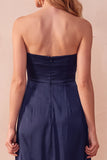 Black A-Line Satin Ruched Strapless Long Wedding Guest Dress