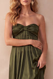 Black A-Line Satin Ruched Strapless Long Wedding Guest Dress