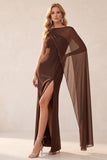Coffee Sheath One Shoulder Chiffon Long Wedding Guest Dress with Cape