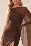 Coffee Sheath One Shoulder Chiffon Long Wedding Guest Dress with Cape