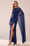 Coffee Sheath One Shoulder Chiffon Long Wedding Guest Dress with Cape