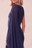 Coffee Sheath One Shoulder Chiffon Long Wedding Guest Dress with Cape
