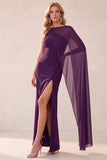 Coffee Sheath One Shoulder Chiffon Long Wedding Guest Dress with Cape