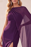 Coffee Sheath One Shoulder Chiffon Long Wedding Guest Dress with Cape