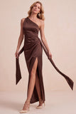 Olive Satin One Shoulder Sheath Ruched Long Wedding Guest Dress with Sash