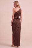 Olive Satin One Shoulder Sheath Ruched Long Wedding Guest Dress with Sash