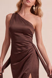 Olive Satin One Shoulder Sheath Ruched Long Wedding Guest Dress with Sash