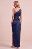 Olive Satin One Shoulder Sheath Ruched Long Wedding Guest Dress with Sash
