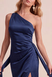 Olive Satin One Shoulder Sheath Ruched Long Wedding Guest Dress with Sash