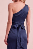 Olive Satin One Shoulder Sheath Ruched Long Wedding Guest Dress with Sash