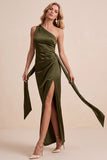 Olive Satin One Shoulder Sheath Ruched Long Wedding Guest Dress with Sash