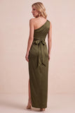 Olive Satin One Shoulder Sheath Ruched Long Wedding Guest Dress with Sash
