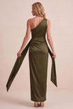 Olive Satin One Shoulder Sheath Ruched Long Wedding Guest Dress with Sash