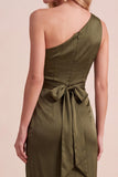 Olive Satin One Shoulder Sheath Ruched Long Wedding Guest Dress with Sash