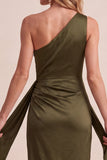 Olive Satin One Shoulder Sheath Ruched Long Wedding Guest Dress with Sash