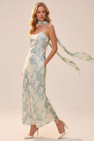 Light Green Sheath Printed Spaghetti Straps Long Wedding Guest Dress with Pockets
