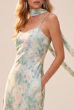 Light Green Sheath Printed Spaghetti Straps Long Wedding Guest Dress with Pockets
