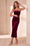 Burgundy Bodycon Velvet Cut Out Strapless Midi Holiday Party Dress with Bow