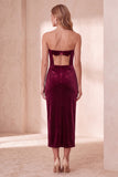 Burgundy Bodycon Velvet Cut Out Strapless Midi Holiday Party Dress with Bow