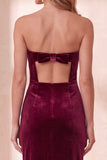 Burgundy Bodycon Velvet Cut Out Strapless Midi Holiday Party Dress with Bow