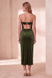 Burgundy Bodycon Velvet Cut Out Strapless Midi Holiday Party Dress with Bow