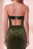Burgundy Bodycon Velvet Cut Out Strapless Midi Holiday Party Dress with Bow