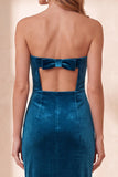 Burgundy Bodycon Velvet Cut Out Strapless Midi Holiday Party Dress with Bow