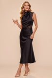 Coffee Cowl Neck Sheath Sleeveless Midi Dress with Lace