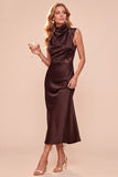 Coffee Cowl Neck Sheath Sleeveless Midi Dress with Lace