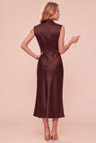 Coffee Cowl Neck Sheath Sleeveless Midi Dress with Lace