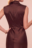 Coffee Cowl Neck Sheath Sleeveless Midi Dress with Lace