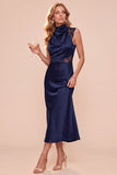 Coffee Cowl Neck Sheath Sleeveless Midi Dress with Lace