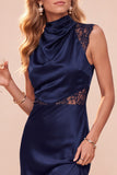 Coffee Cowl Neck Sheath Sleeveless Midi Dress with Lace