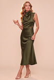 Coffee Cowl Neck Sheath Sleeveless Midi Dress with Lace