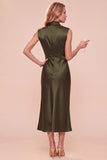 Coffee Cowl Neck Sheath Sleeveless Midi Dress with Lace