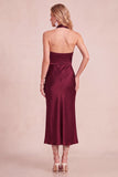 Burgundy Cowl Halter Sheath Satin Midi Wedding Guest Dress with Lace Cut Out