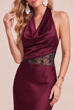 Burgundy Cowl Halter Sheath Satin Midi Wedding Guest Dress with Lace Cut Out