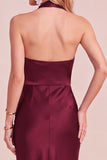 Burgundy Cowl Halter Sheath Satin Midi Wedding Guest Dress with Lace Cut Out