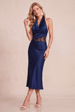 Burgundy Cowl Halter Sheath Satin Midi Wedding Guest Dress with Lace Cut Out