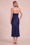 Burgundy Cowl Halter Sheath Satin Midi Wedding Guest Dress with Lace Cut Out