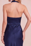 Burgundy Cowl Halter Sheath Satin Midi Wedding Guest Dress with Lace Cut Out