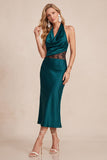 Burgundy Cowl Halter Sheath Satin Midi Wedding Guest Dress with Lace Cut Out