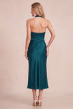 Burgundy Cowl Halter Sheath Satin Midi Wedding Guest Dress with Lace Cut Out