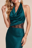 Burgundy Cowl Halter Sheath Satin Midi Wedding Guest Dress with Lace Cut Out