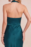 Burgundy Cowl Halter Sheath Satin Midi Wedding Guest Dress with Lace Cut Out