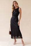 Black Sheath Round Neck Lace Satin Midi Wedding Guest Dress