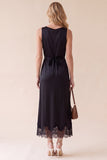 Black Sheath Round Neck Lace Satin Midi Wedding Guest Dress